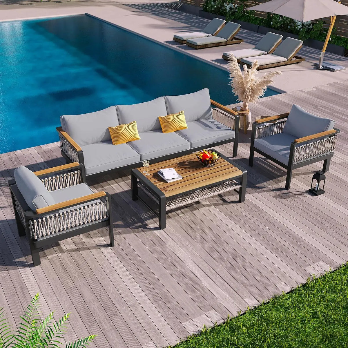 4-Piece Patio Set, All Weather Sectional w/ 2 Chairs, Loveseat & Table, Acacia Wood Outdoor Furniture with Cushions, Customized
