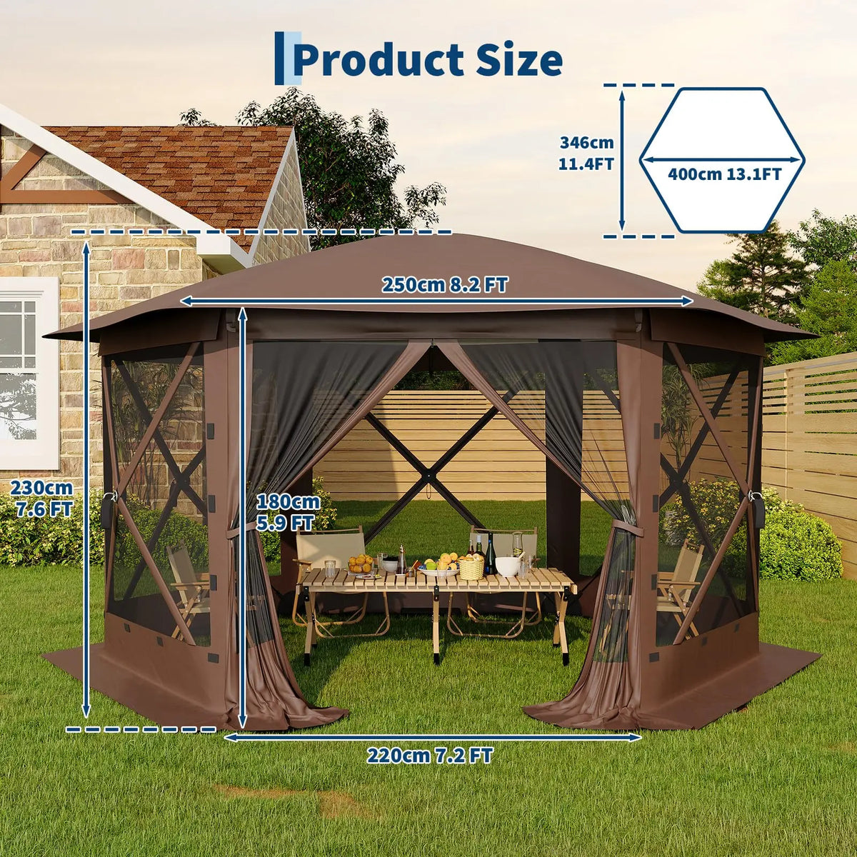 Portable Collapsible Gazebo Screen Tent – 6-Sided, 13FT/11FT, Removable Canopy Top, Bite-Proof Mesh, All-Weather Outdoor Shelter for Camping, Patio, Backyard