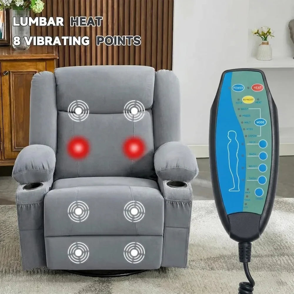 Swivel Recliner Chair with Vibration Massage & Lumbar Heat, Ergonomic Rocking Chair with Cup Holders for Living Room