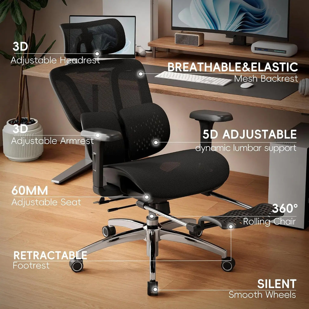 Ergonomic Office Chair with Footrest, Desk Chair with Lumbar Support, Mesh Seat, 3D Headrest, Black