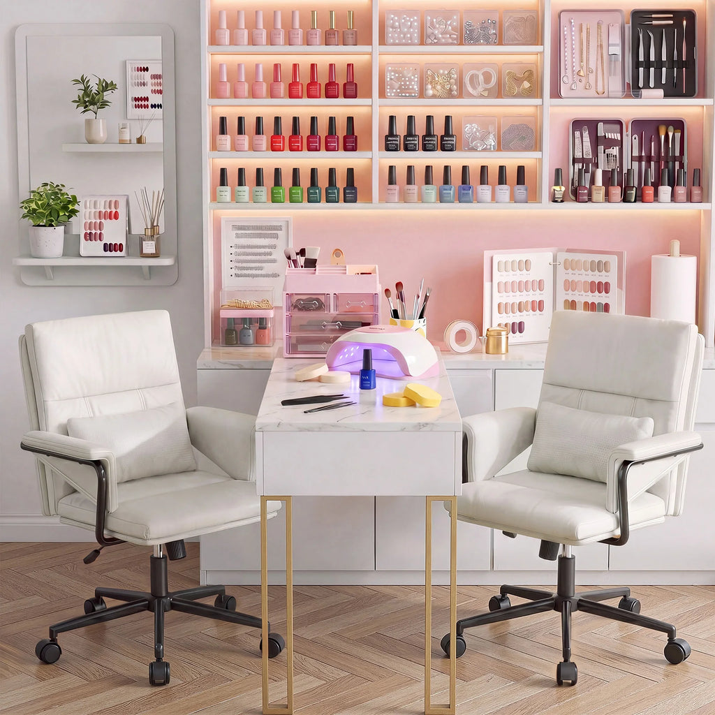 EnHomee Ergonomic Office Chair, Mid Back PU Leather Desk Chair, Adjustable Height Computer Chair with Lumbar Fixed Padded Armrest & Rolling Wheels