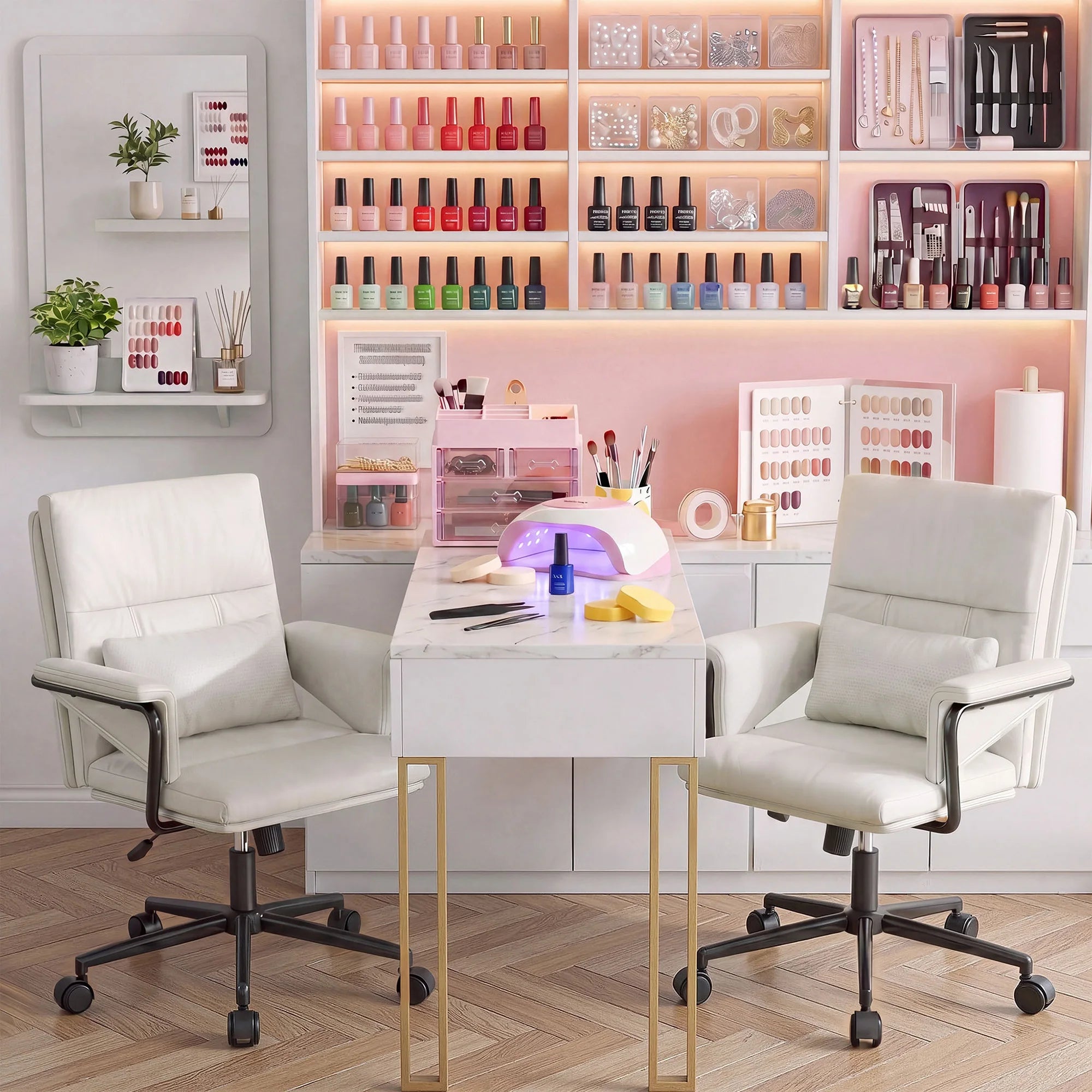 EnHomee Ergonomic Office Chair, Mid Back PU Leather Desk Chair, Adjustable Height Computer Chair with Lumbar Fixed Padded Armrest & Rolling Wheels