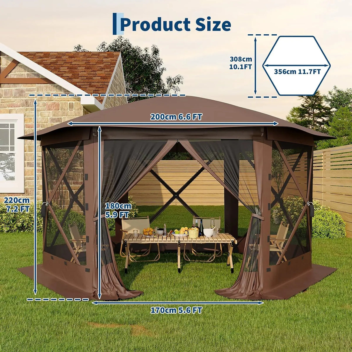 Portable Collapsible Gazebo Screen Tent – 6-Sided, 13FT/11FT, Removable Canopy Top, Bite-Proof Mesh, All-Weather Outdoor Shelter for Camping, Patio, Backyard