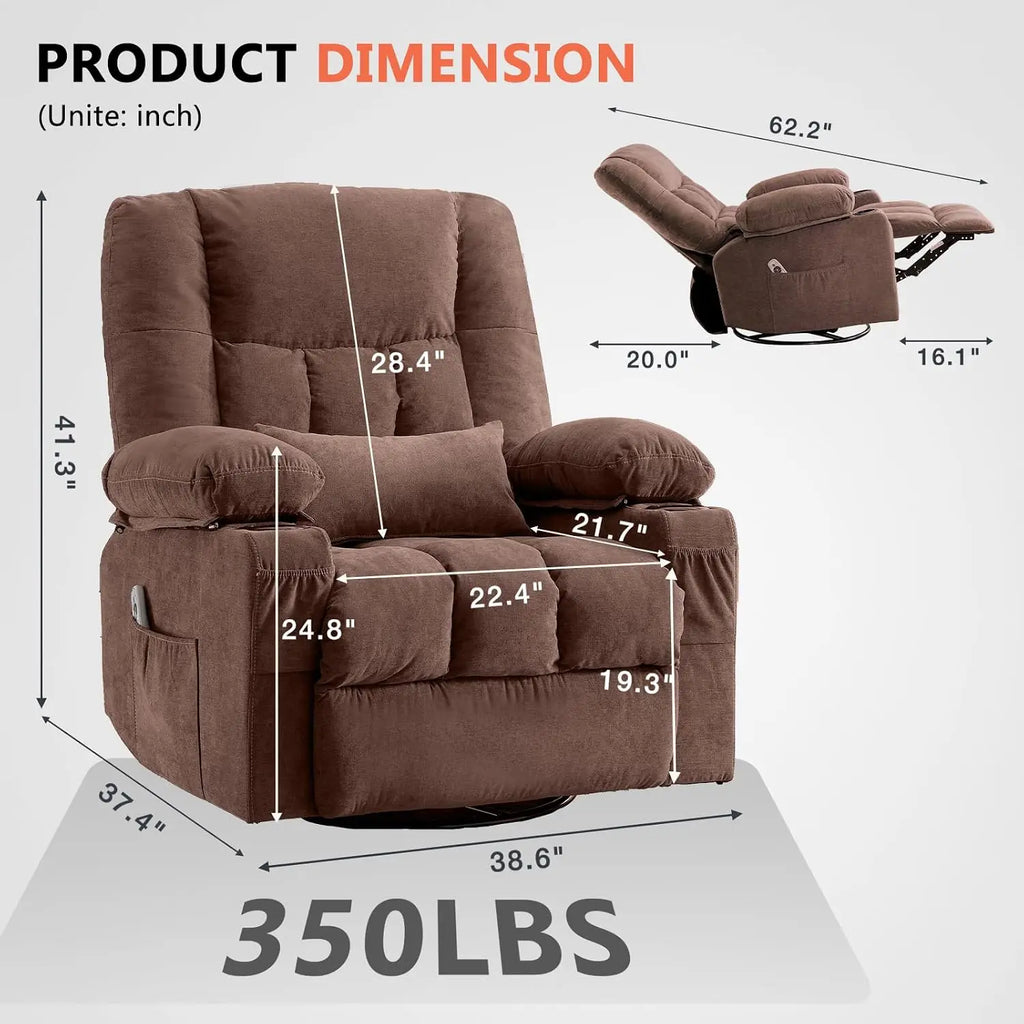 Swivel Rocker Recliner with Massage & Heat, Ergonomic Lounge Chair for Living Room with Pocket, 2 Cup Holders, USB, Customized