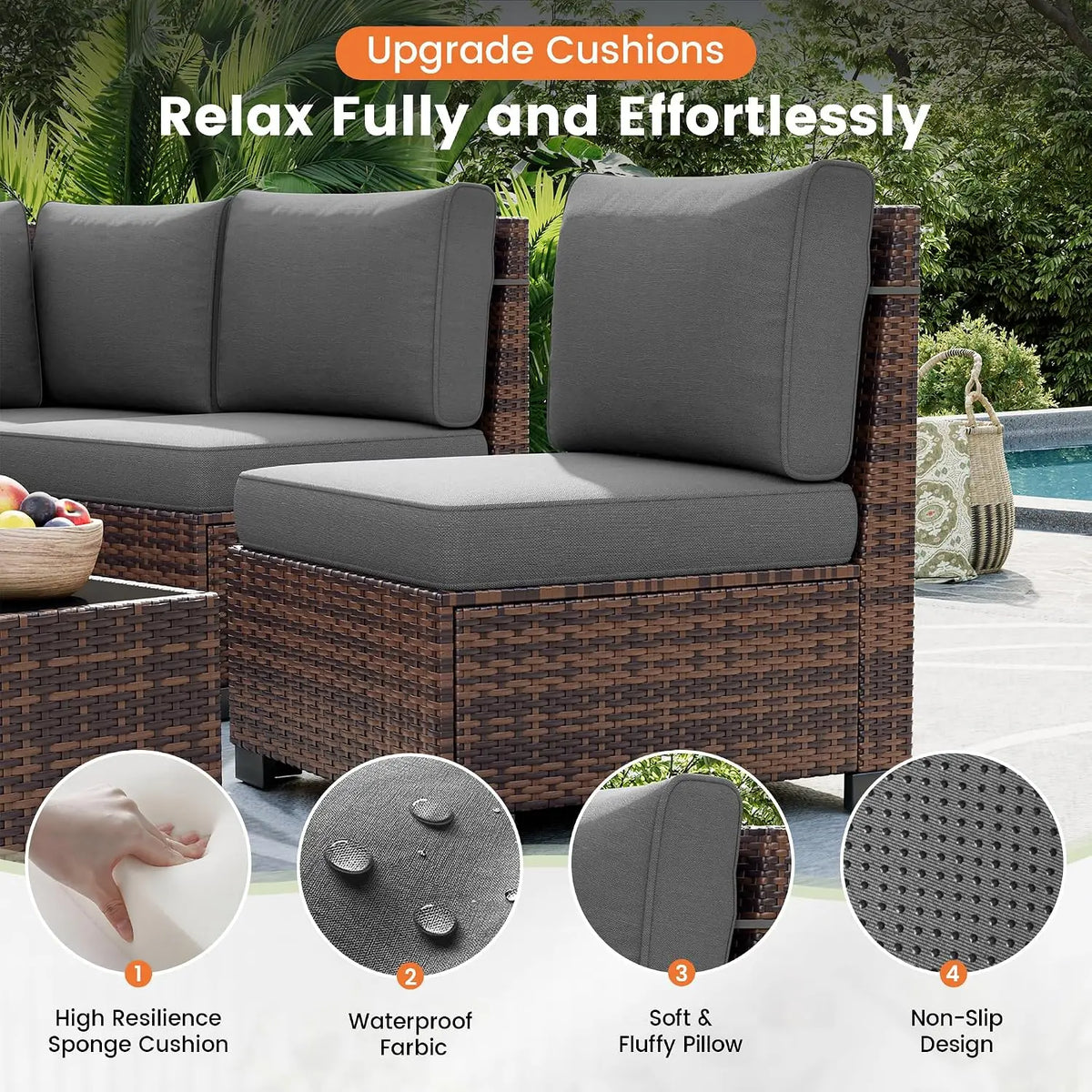 Outdoor Wicker Sectional Sofa Set with Fire Pit Table, 7-Piece All-Weather Patio Furniture with 8 Inch Armrest for Garden Backya