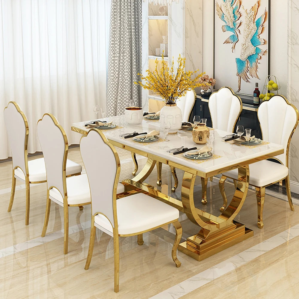 Modern Living Room Furniture Stainless Steel Dining Tables and Chairs Set Marble Stainless Steel  Dining Table
