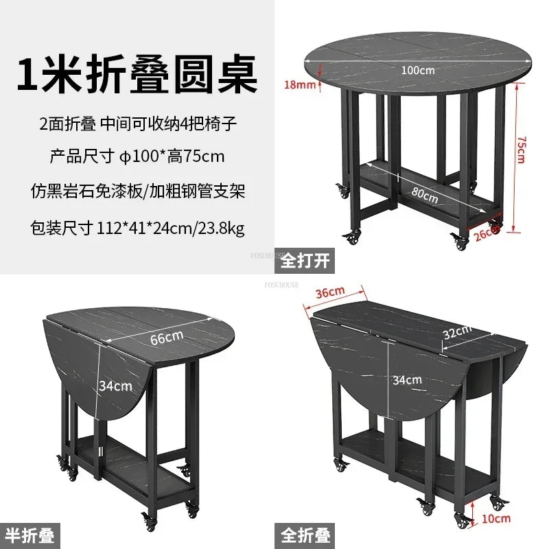 Home Folding Dining Table Set with Chairs Mobile Round Furniture Modern Kitchen Living Room Light Luxury Simple Portable