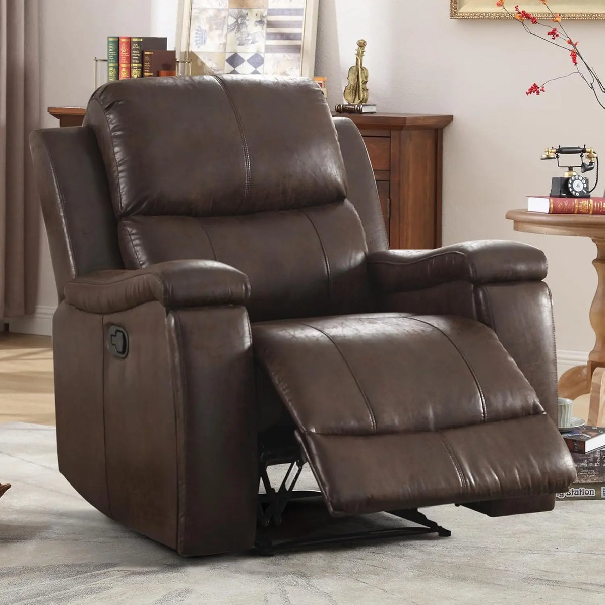 Brown Overstuffed Single Manual Recliner Chair, Breathable Faux Leather, Custom
