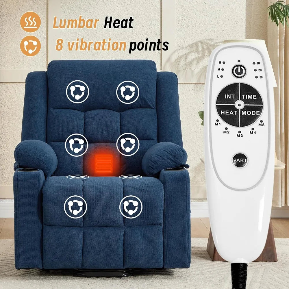 Power Lift Recliner Chair Elderly Massage Heat Fabric Electric Sofa Side Pocket Cup Holders Living Room Navy