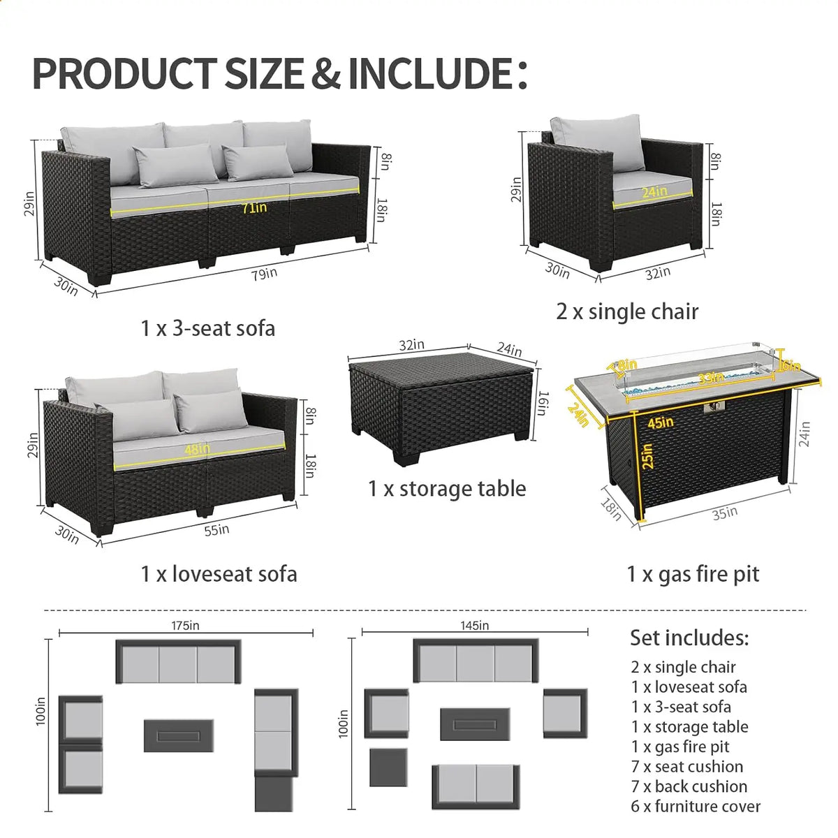 6 Pcs Outdoor Furniture Sets Patio Furniture Set with 45" Fire Pit Patio Couch Outdoor Chairs 60000 BTU Steel Propane, Custom