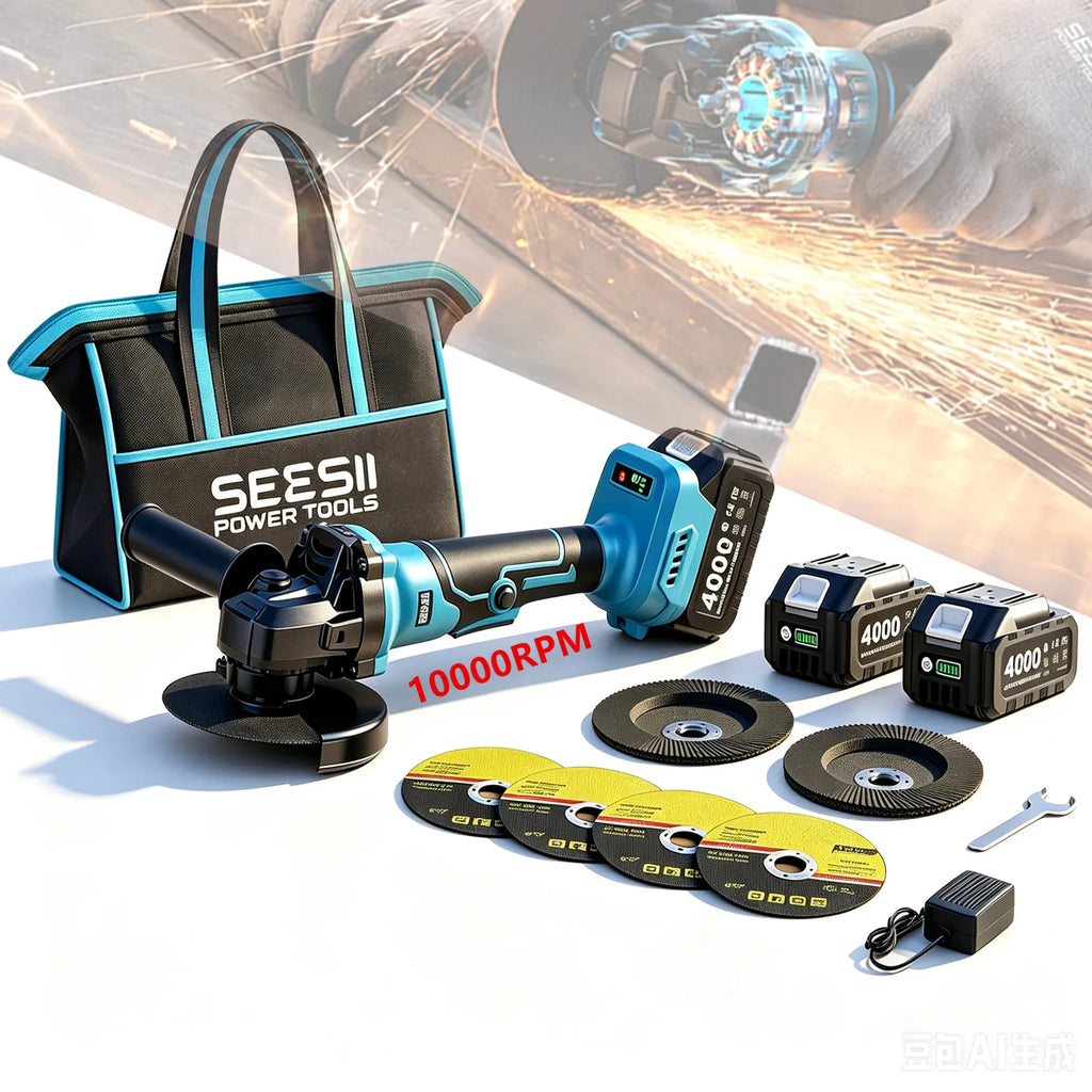 SEESII Angle Grinder Tool Cordless Brushless 4 1/2 Inch Variable Speed Settings 10000RPM Handheld Electric Power Tool with Cutting Wheels and Flap Wheels 4.0 Battery