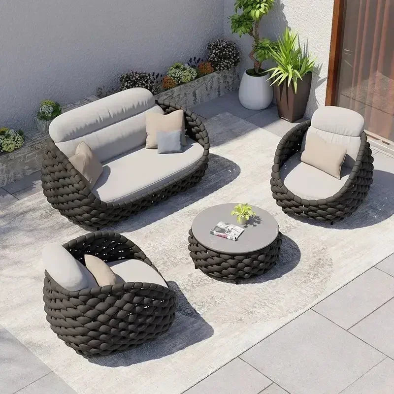 All-Weather Rattan Outdoor Sofa Set or Villa Balcony Living Room Leisure Terrace Furniture fCourtyard Combination Double Chair