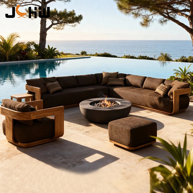 Sofa, with Waterproof UV-resistant Cushion, Outdoor Wooden Furniture, with Customized Service, for Hotel Patio Courtyard Use