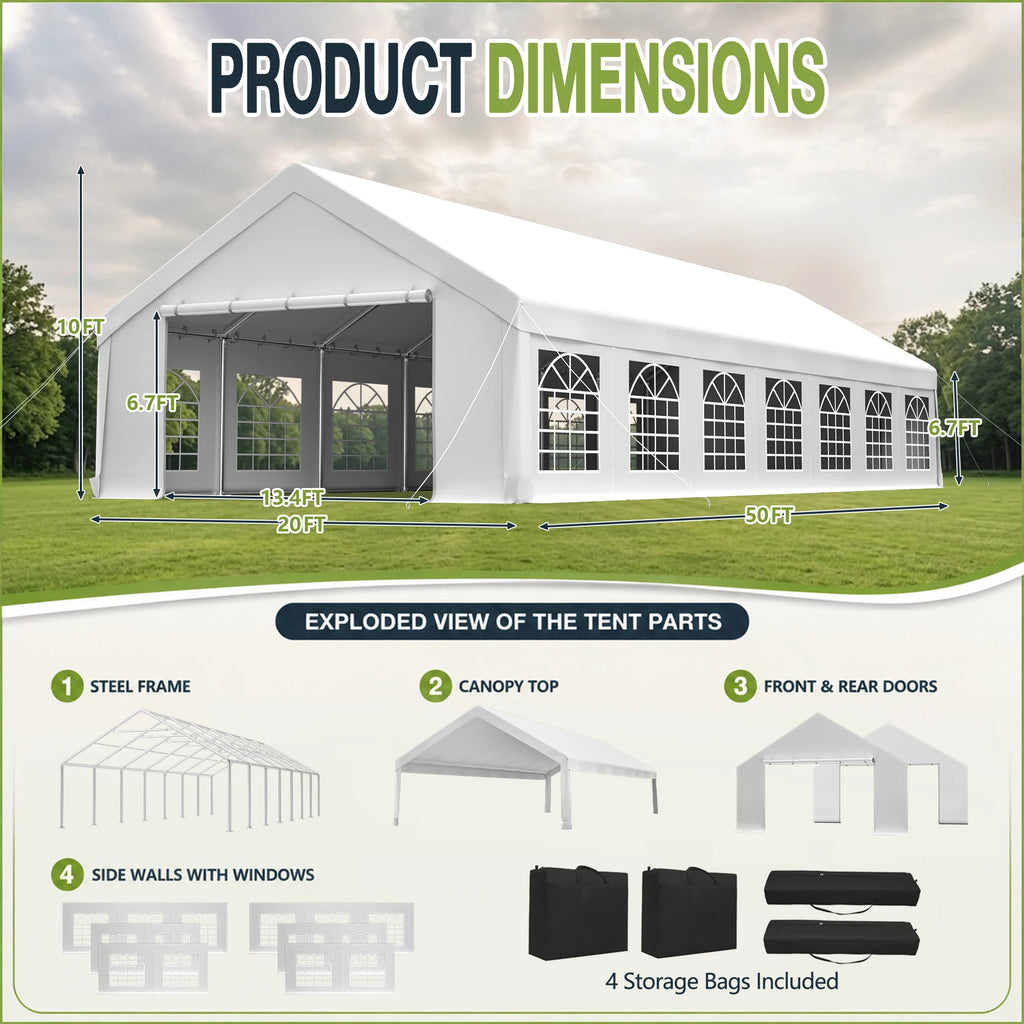 20x50FT Heavy Duty Party Tent Waterproof Wedding Canopy Tent Transparent Windows Double Doors Steel Frame For Outdoor Event Market Carport