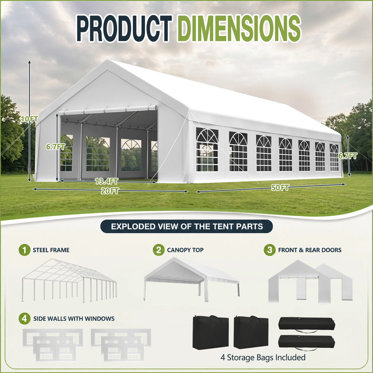 20x50FT Heavy Duty Party Tent Waterproof Wedding Canopy Tent Transparent Windows Double Doors Steel Frame For Outdoor Event Market Carport