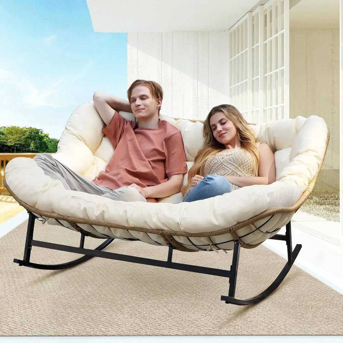 #Double Wide Rocking Chair with Cushion, Oversized Rattan Rocking Egg Chair Outdoor for 2, Extra Large 700, Customized