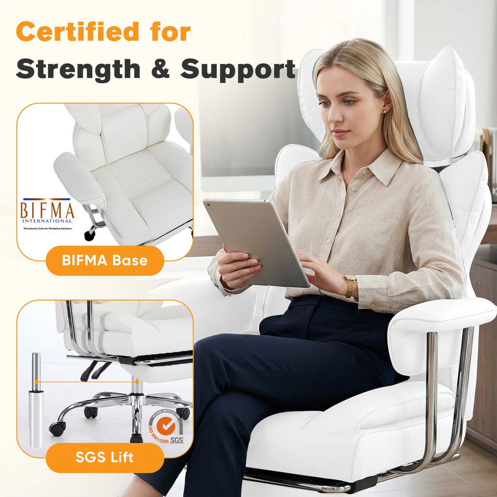 MCQ PU Leather Fix Armrest Ergonomic Office Desk Chair with Footrest Gaming Chair with High Back Reclining and Lumbar Support Height Adjustable with 360° Swivel