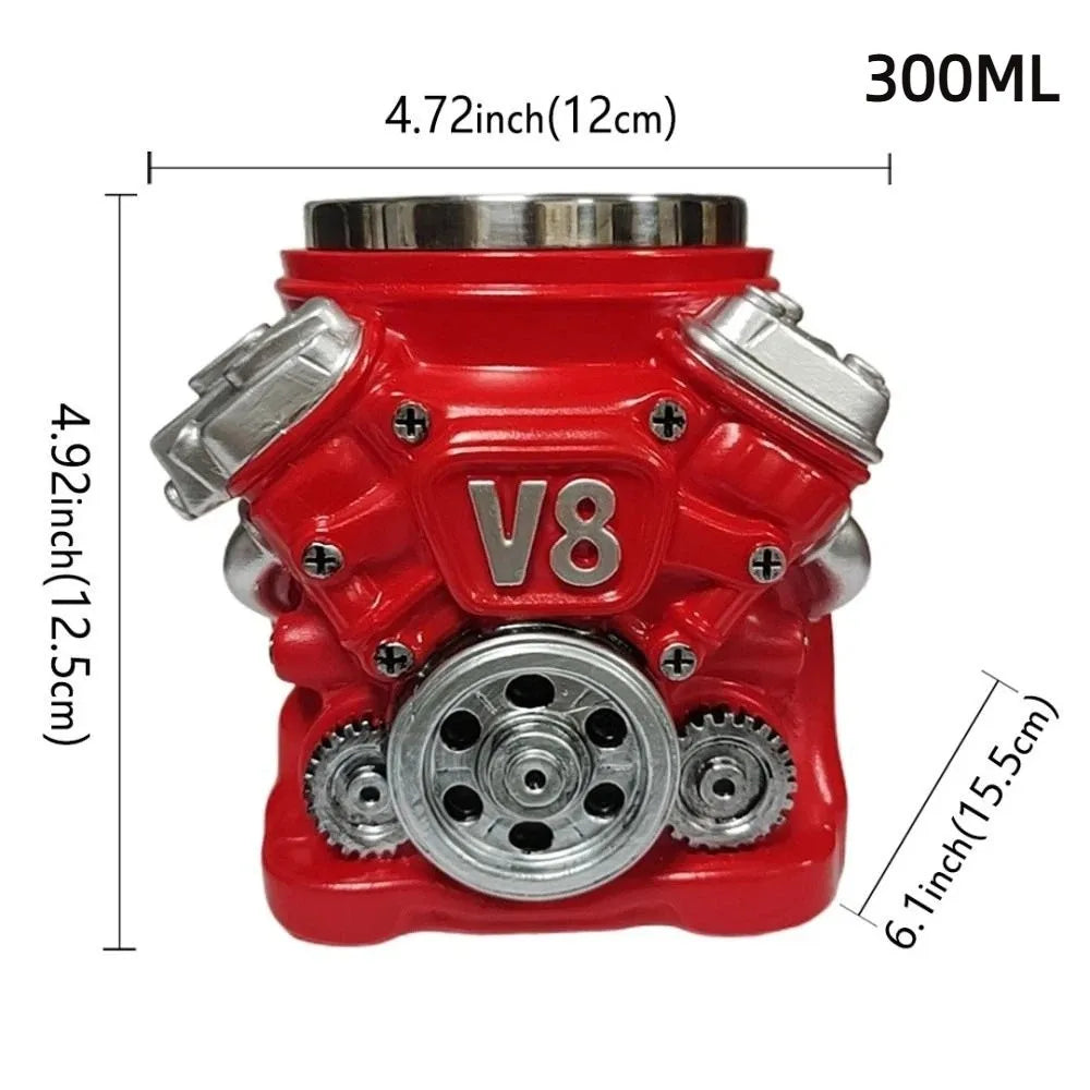 Retro Engine Coffee Mug with Handle 300ML V8 Engines Stainless Steel Cup Double Wall Realistic Design Insulation Car Mug
