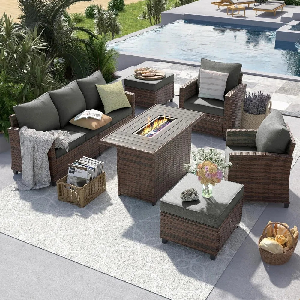Outdoor Patio Furniture Set 44 Inch Fire Pit Table 6 Piece Sectional Sofa with Cushions