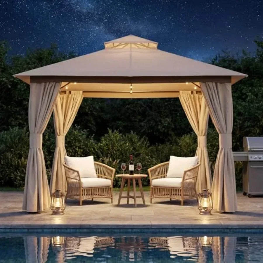 Outdoor Patio Gazebo Heavy Duty Party Tent Shelter with Double Roofs Mosquito Nettings and Privacy Sns for Backyard Events Part