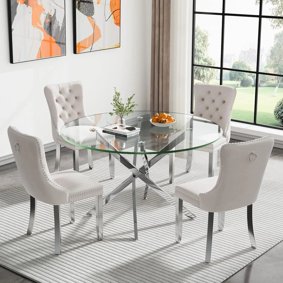 5-Piece Round Glass Dining Table Set for 4, 47.2" Circle Table with 4 Tufted Chairs for Kitchen Home Office, Customized