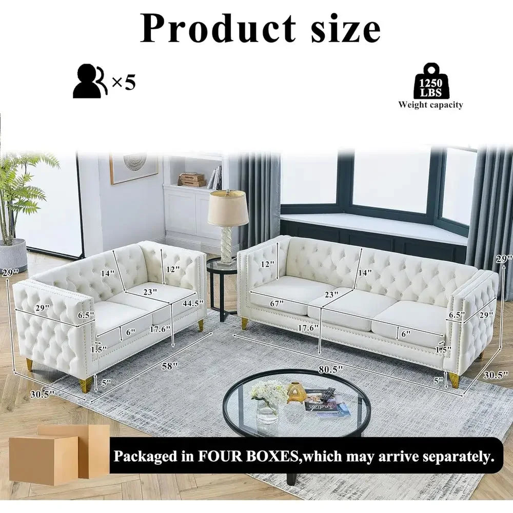 2 Piece Chesterield Velvet Combination Soa Set or Living Room,3-Seater and Loveseat Soa Set Tuted Couch with 4 Pillows,Rolled Ar