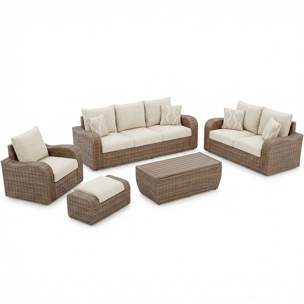 Outdoor PE Rattan Sofa Table Set, Waterproof Sun‑Resistant Patio Furniture for Garden, Balcony and Backyard Leisure Use
