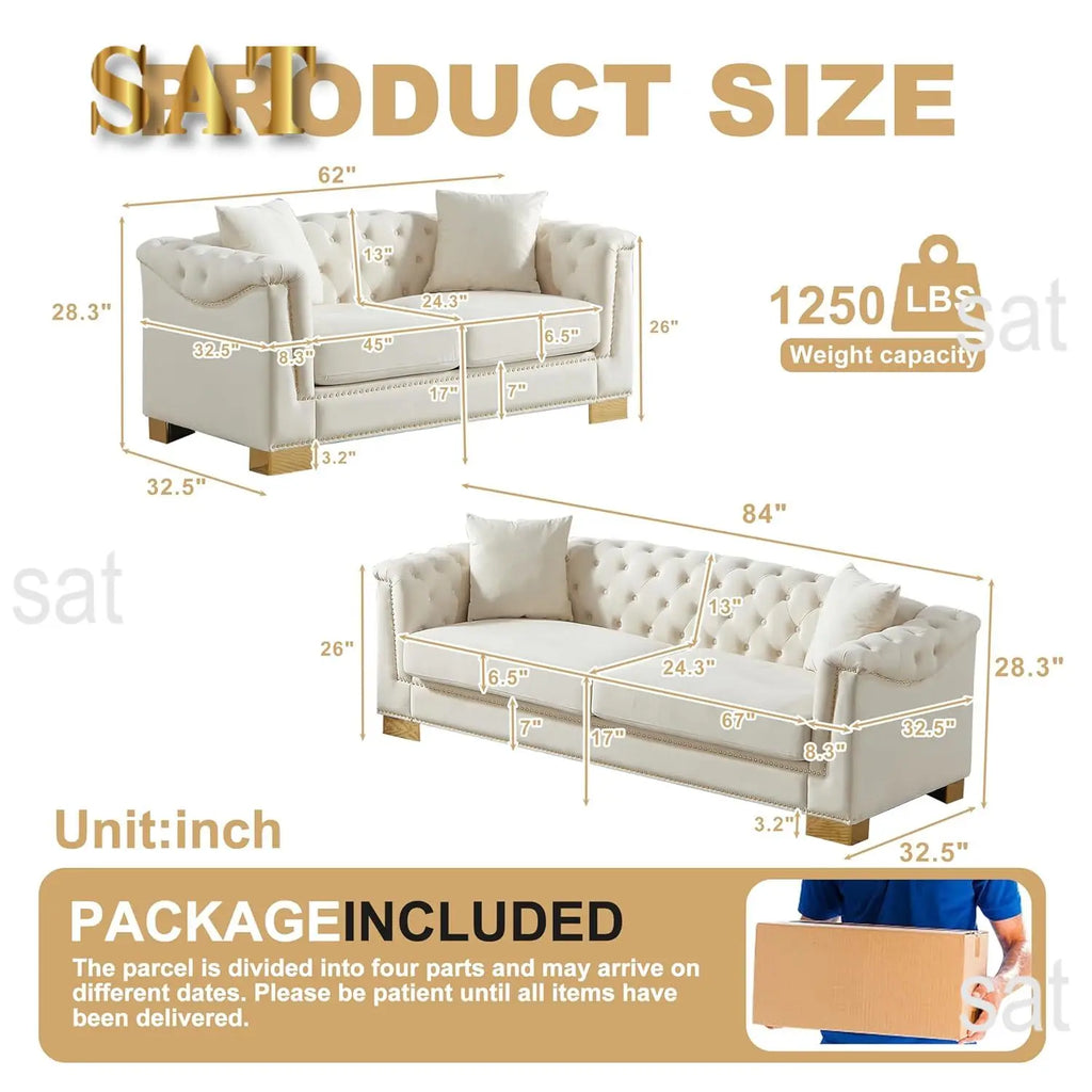 #2 Pieces 84" 3-Seater + 62" Loveseat Beige Velvet Sofa Sets, 4 Cushion Classic 6.5" Rolled Arm Modern, Customized