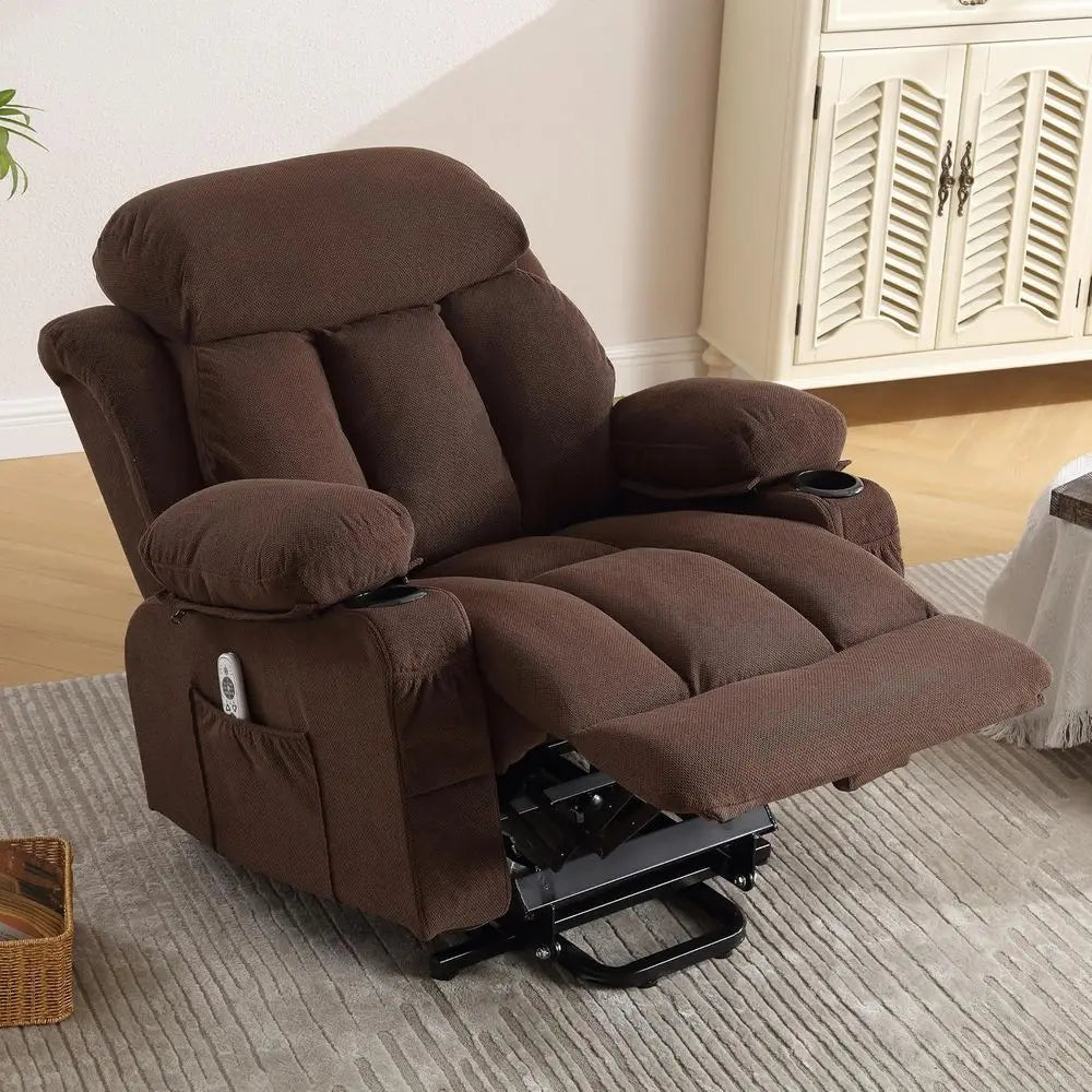Power Lit Recliner Chair or Elderly with Vibration Massage and Lumbar Heating Electric Oversized Single Soa with Cup Holder and