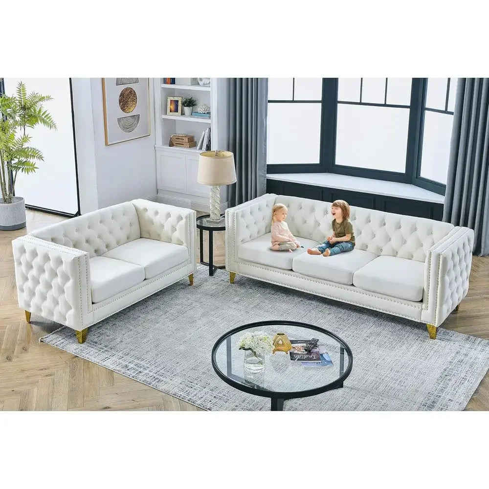 2 Piece Chesterield Velvet Combination Soa Set or Living Room,3-Seater and Loveseat Soa Set Tuted Couch with 4 Pillows,Rolled Ar