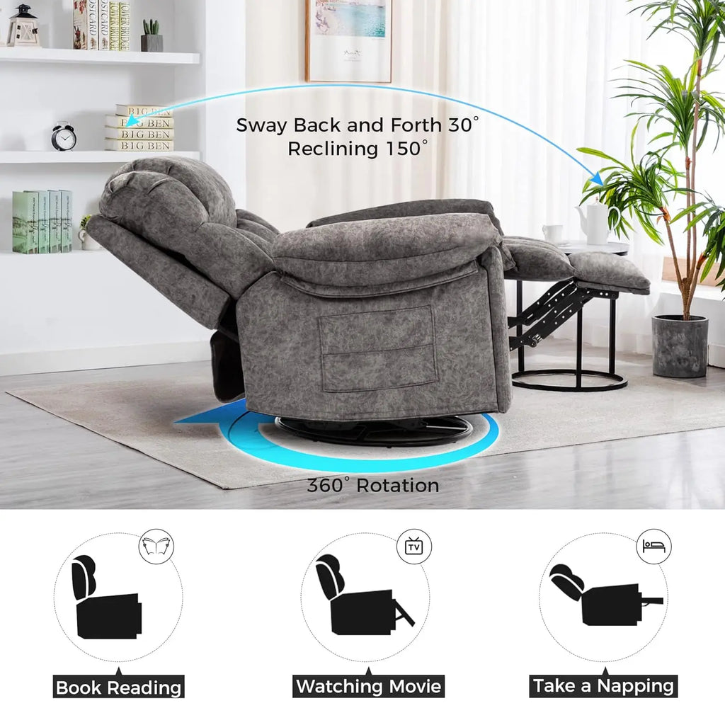 Recliner Chair with Swivel Glider Base for Living Room, Overstuffed Rocker Recliner with Foldable Armrest & Hidden, Customized