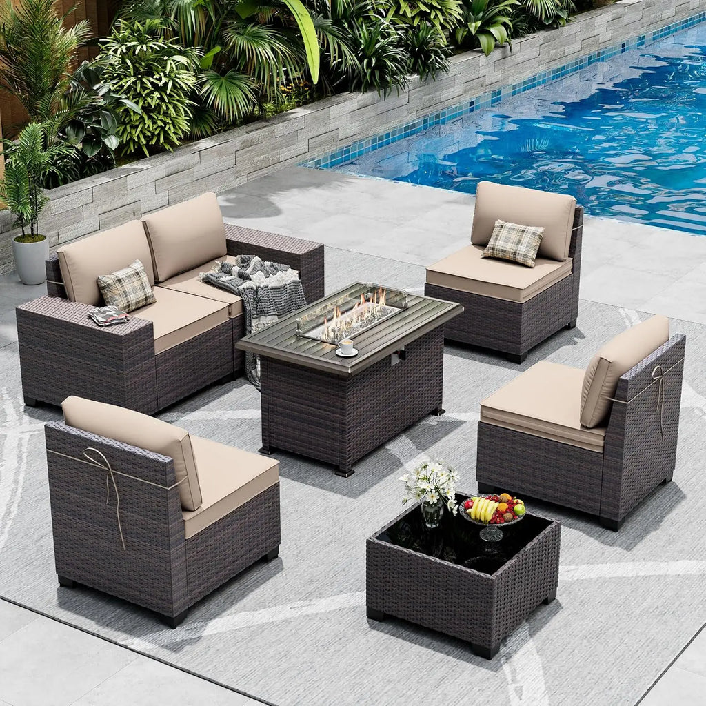 Outdoor Sectional Sofa Set w/Gas Fire Pit, 7 Pieces PE Wicker Patio Furniture, 43in Propane Table, Grey, Customized