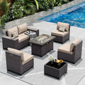 Outdoor Sectional Sofa Set w/Gas Fire Pit, 7 Pieces PE Wicker Patio Furniture, 43in Propane Table, Grey, Customized