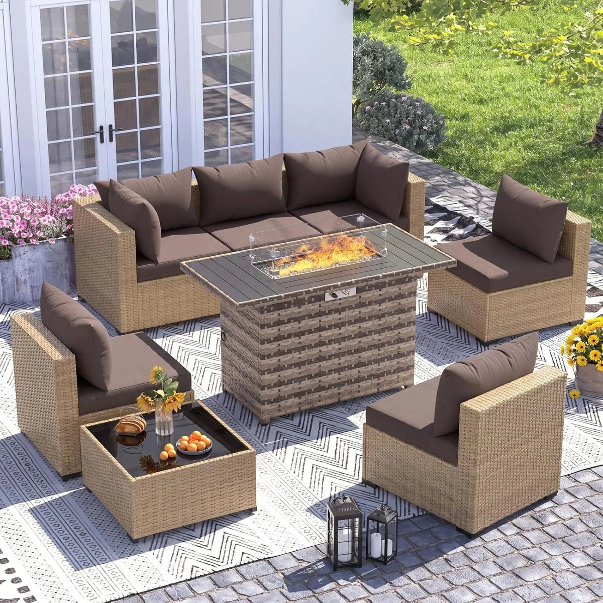 8-Piece Wicker Patio Furniture Set with 44" Fire Pit Table for Outdoor Garden, Custom