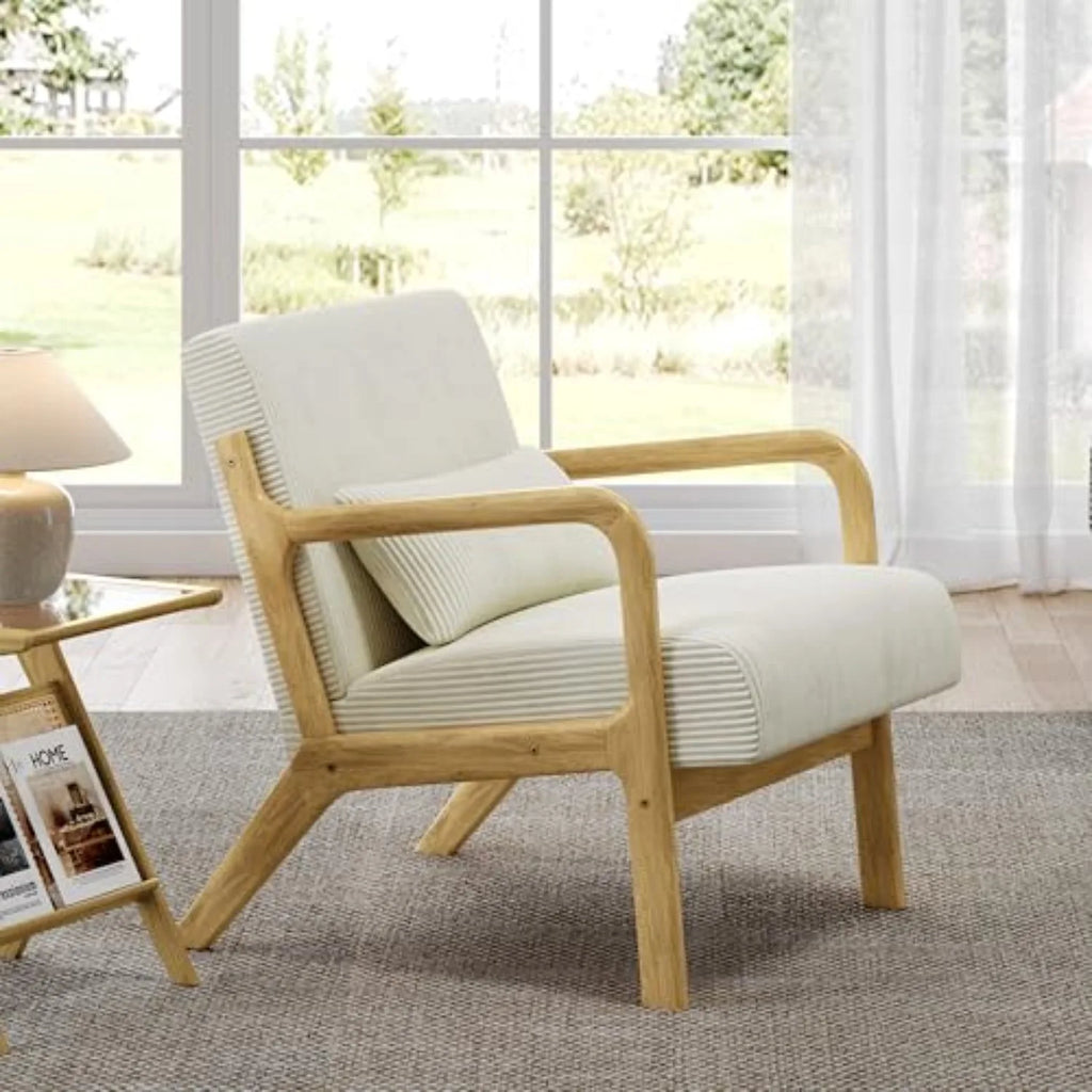Accent Chair for Living Room, Corduroy Mid Century Modern Reading Armchairs with Lumbar Pillow for Bedroom, Decorative