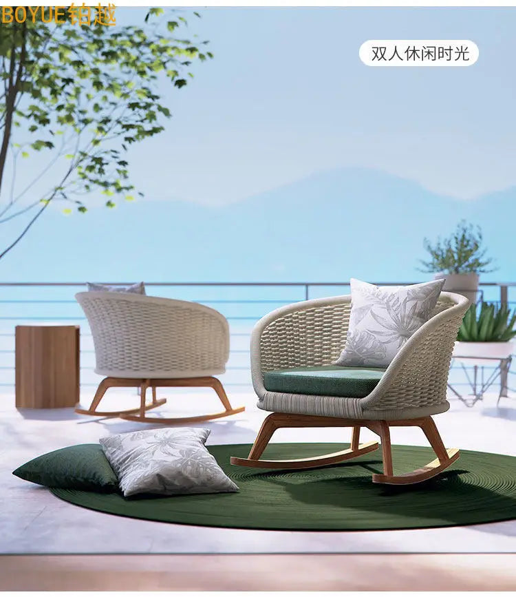 High-grade teak outdoor sofa courtyard rattan chair sofa combination leisure villa garden balcony single rattan rocking chair