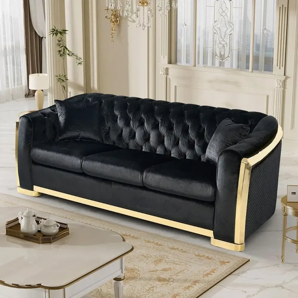 Luxurious 84 Velvet Black Sofa with Gold Legs, 3-Seat Curved Loveseat for Living Room, Includes 2 Pillows