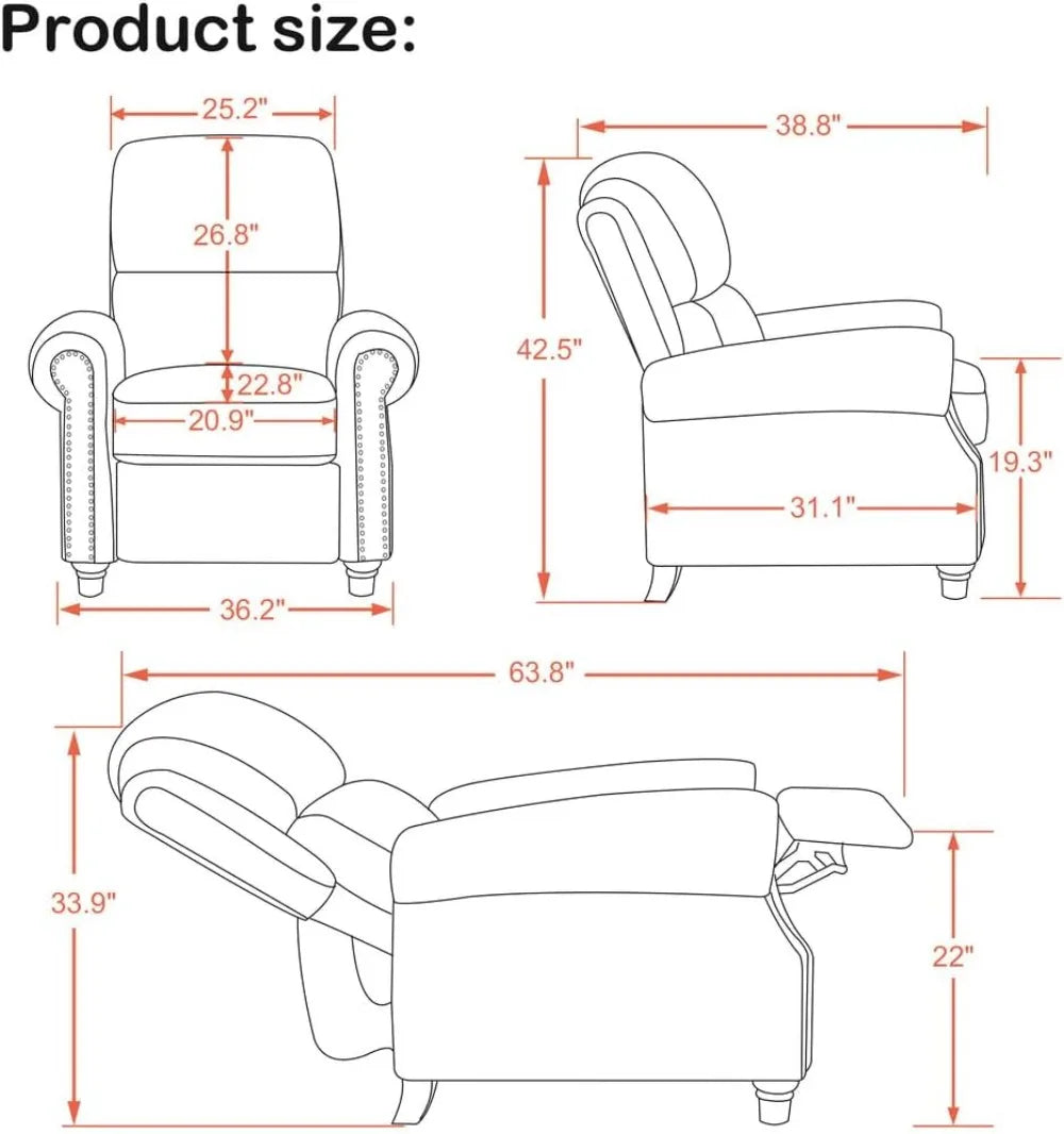 Oversized Push Back Recliner Chair 3-Position Manual Recliner for Living Room