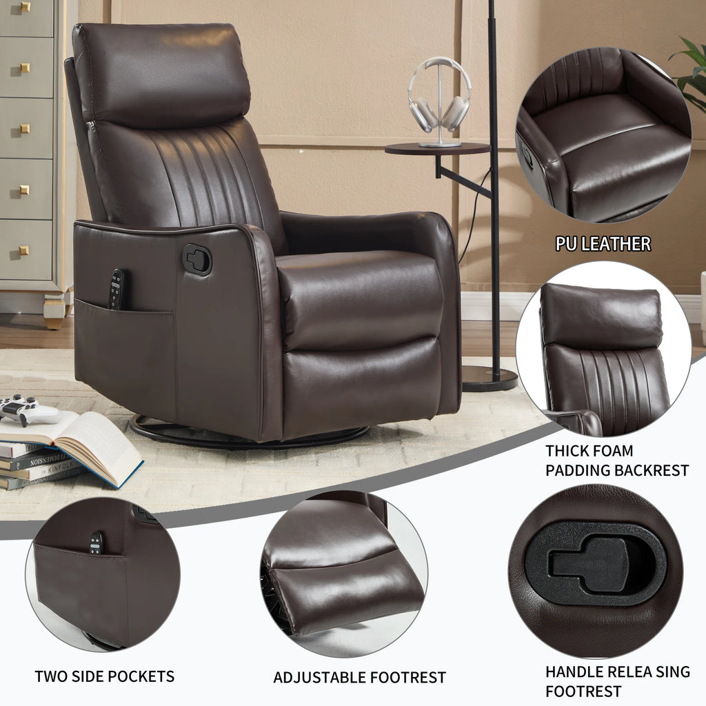 Manual Recliner Chair with Heat & Massage, Brown Faux Leather Rocker Swivel Accent Chair for Living Room