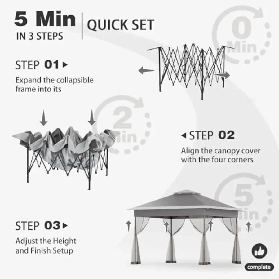 11x11 Pop Up Gazebo with Mosquito Netting Easy 1-Person Setup Water-Resistant Backyard  for Family Patio Garden Use