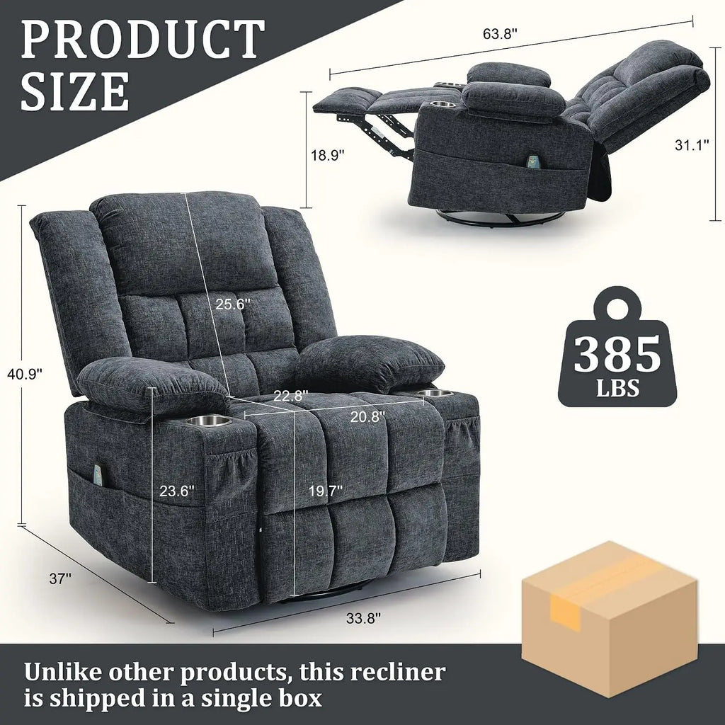 360° Swivel Rocker Recliner with Massage & Heating, Cup Holder, Fabric Dark Gray