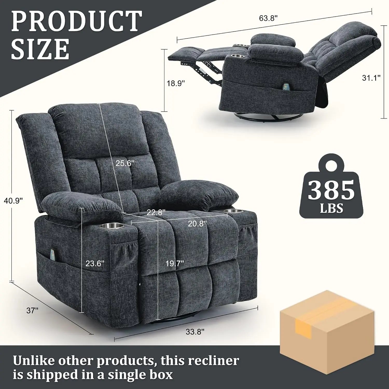 360° Swivel Rocker Recliner with Massage & Heating, Cup Holder, Fabric Dark Gray