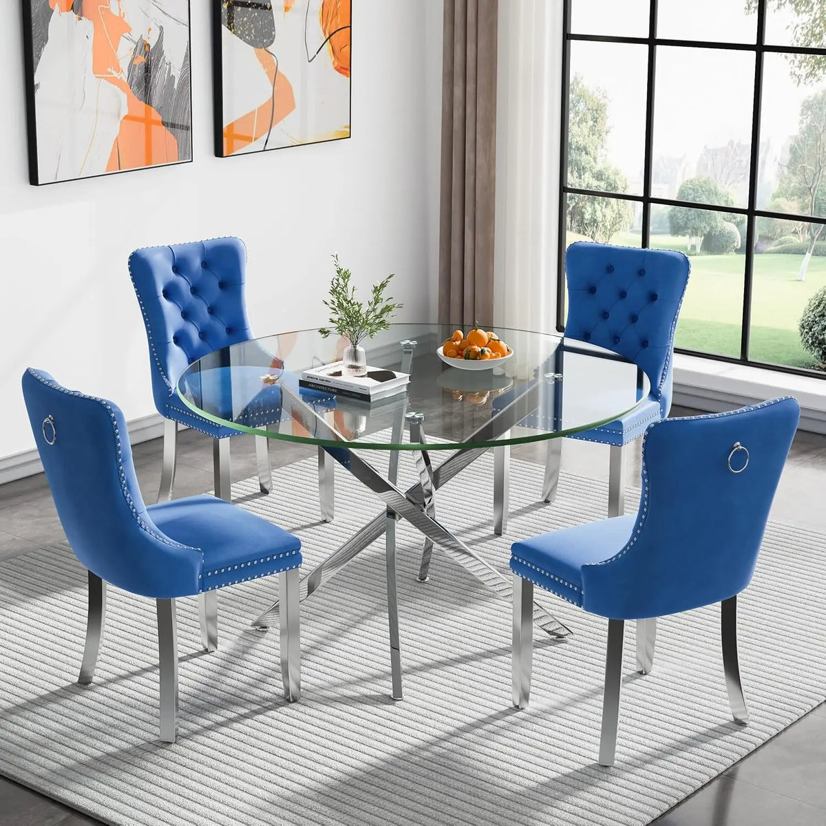 5-Piece Round Glass Dining Table Set for 4, 47.2" Circle Table with 4 Tufted Chairs for Kitchen Home Office, Customized
