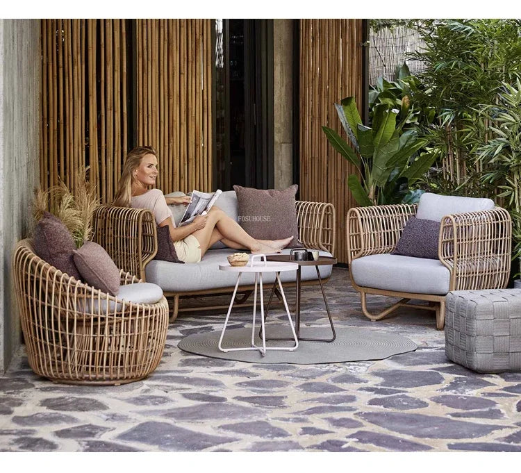 Modern Rattan Garden Sofa Set Outdoor Patio Furniture Leisure Lounge Couch Wicker Balcony Villa Single Seat Lazy Chair