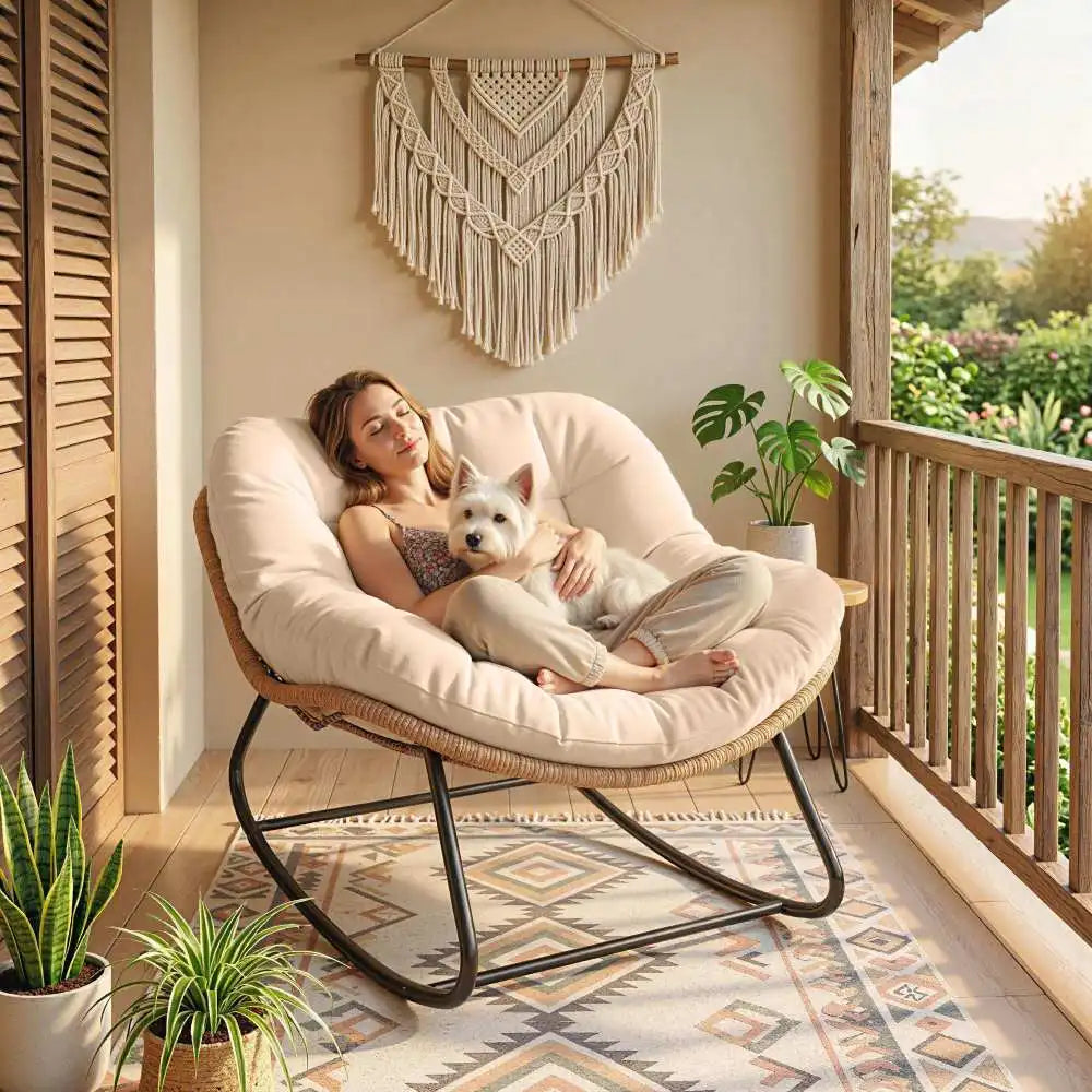 Oversized PE Wicker Rocking Papasan Chair, Egg‑Shaped Outdoor Saucer Chair with 3.9" Thick Cushion, Powder‑Coated Steel Frame Anti‑Slip Rocker for Porch Balcony