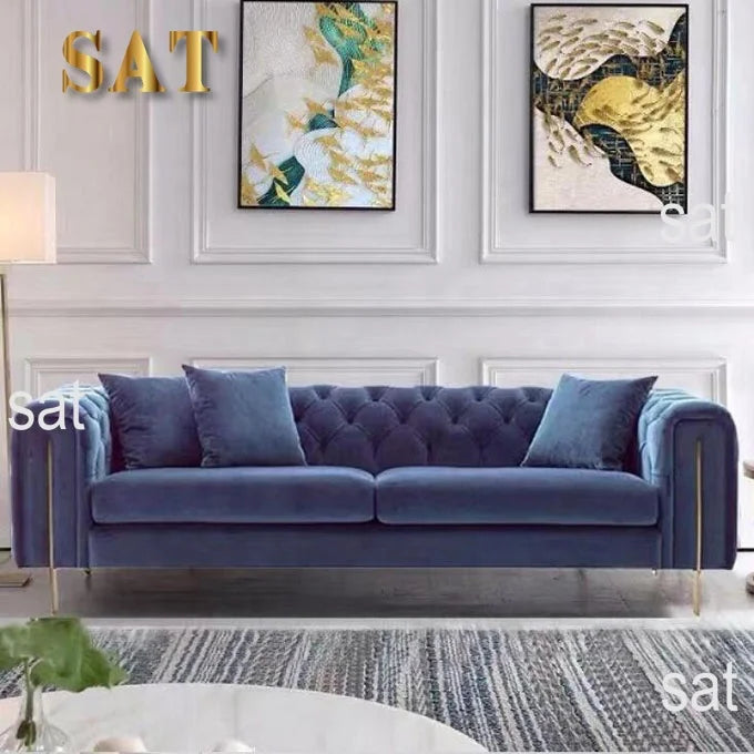 Hot Selling Gilt Velvet Fabric Sofa Design Blue Sofasets Modern Livingroom Furniture Set