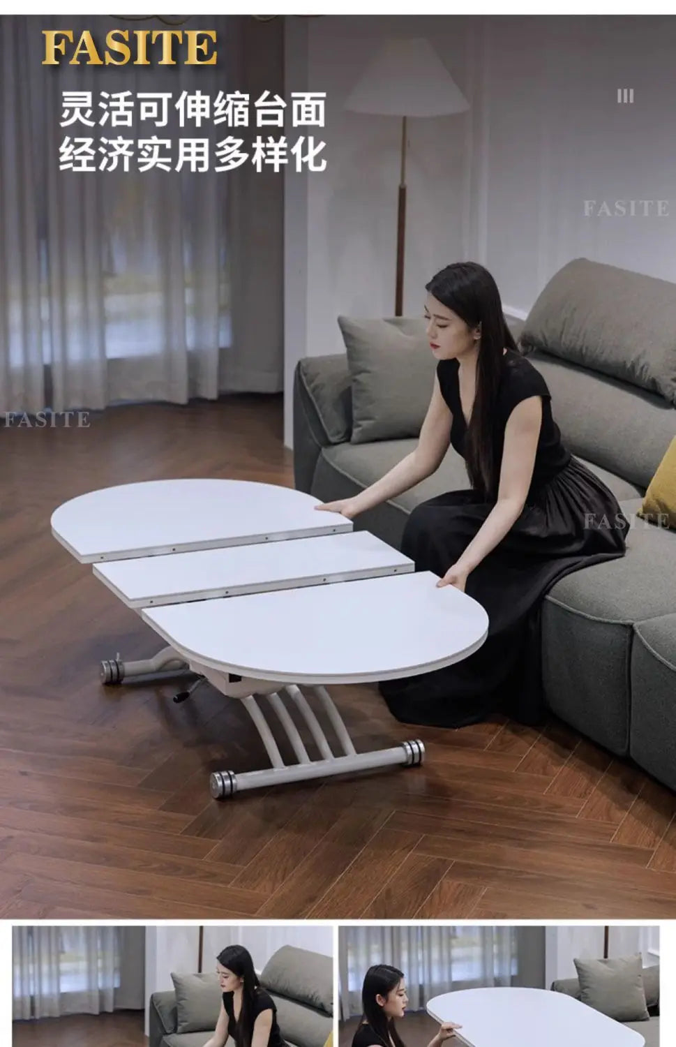 Black light luxury rock slab lifting coffee table dining  dual-purpose retractable mobile dining