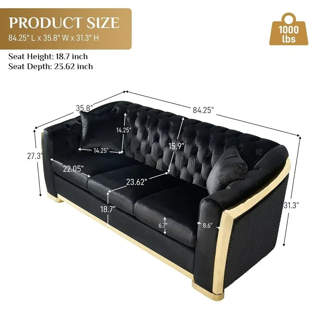 Luxurious 84 Velvet Black Sofa with Gold Legs, 3-Seat Curved Loveseat for Living Room, Includes 2 Pillows