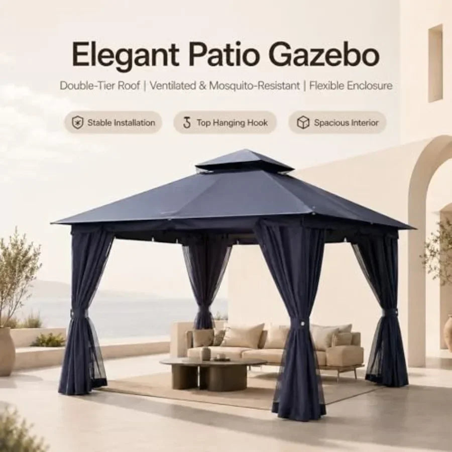 10'x13' Outdoor Gazebo, Heavy Duty Metal Patio Canopy Tent Shelter with Double Roof, Mosquito Netting and Privacy Curtains for
