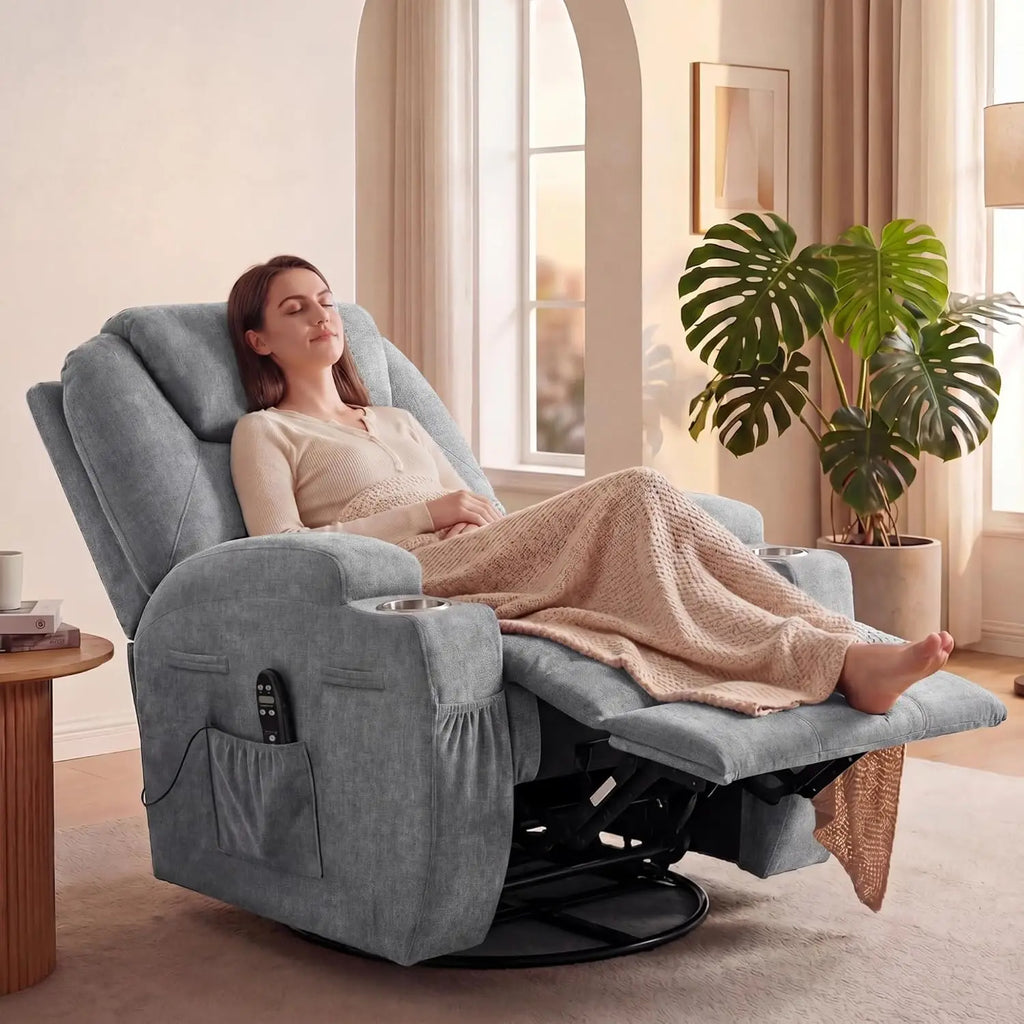 Small Swivel Rocker Recliner, 360 Rocking Chair Recliner with Massage, Upholstered Fabric Rocker Recliner with Cup Holder for Li